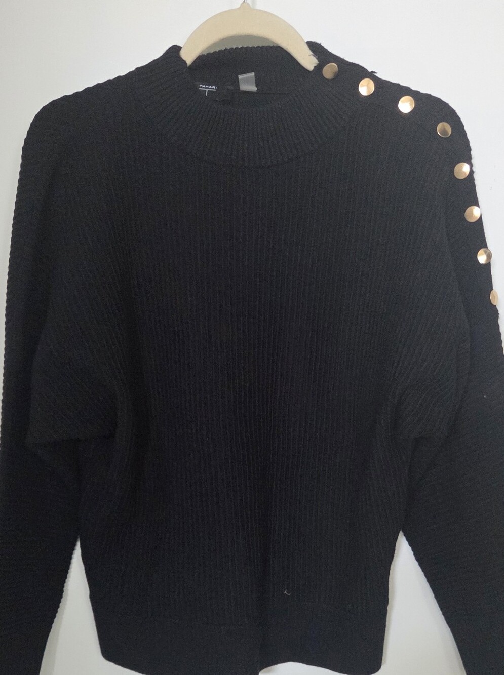 Black Button-Shoulder Ribbed Knit Sweater